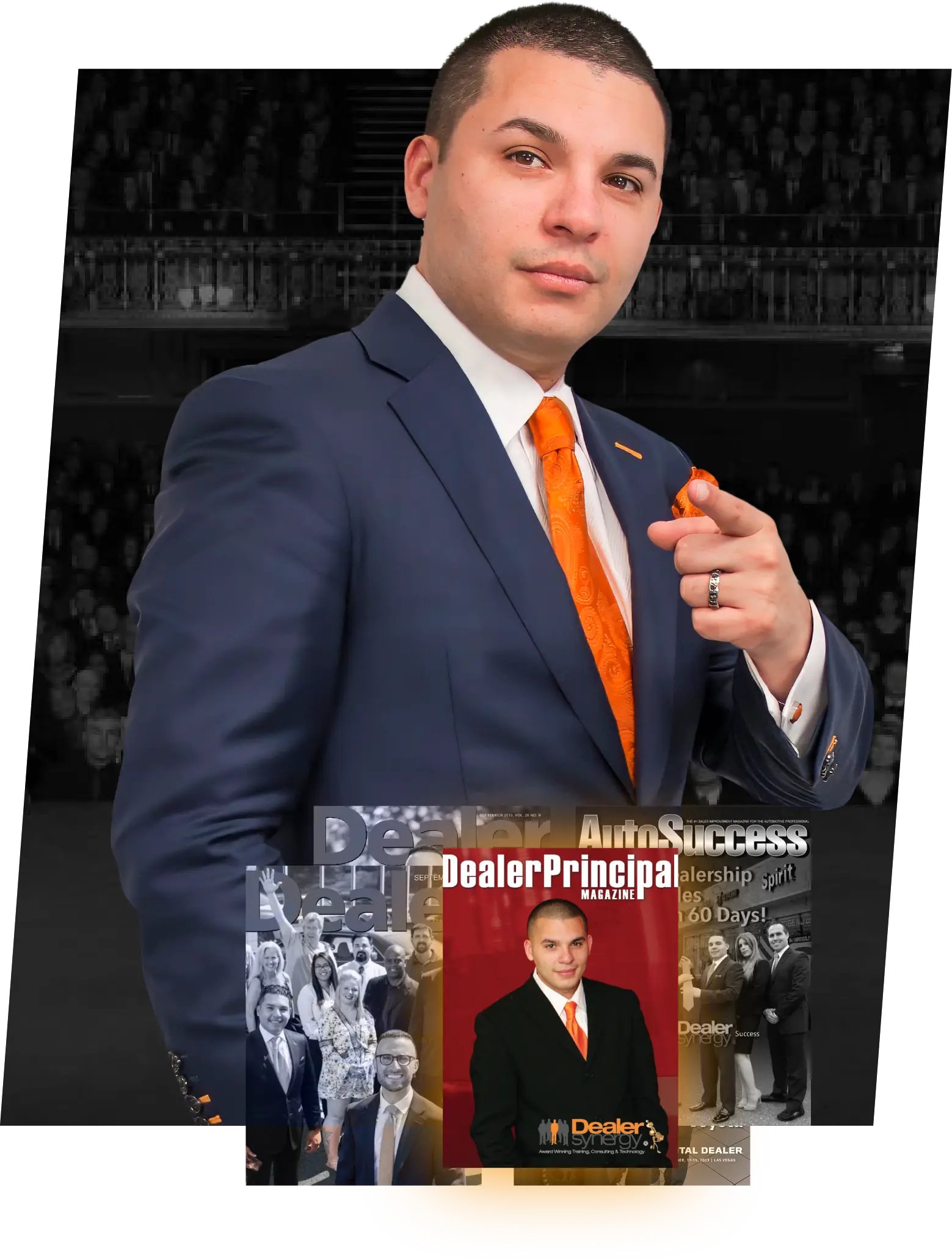 Automotive dealership consultant and Dealers Synergy founder in navy suit with orange tie featured in Dealer Principal and AutoSuccess Magazine